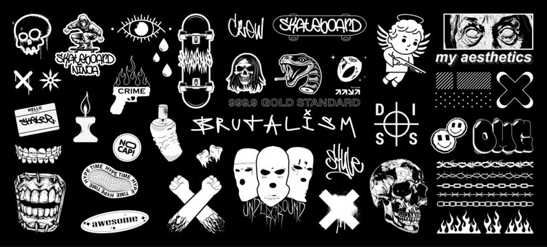 Wall Mural -  - Brutalism, urban, hip hop concept. Street culture elements, skating, crime, graffiti. Stickers, badges, patches and other elements of hip hop street culture. Trippy Acid Y2k collection. Vector graphic