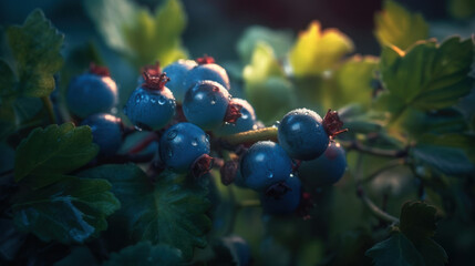 Wild berries, blueberries, blueberries with leaves on a branch. Macro plan. Created by AI.