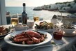 Delicious Seafood dinner table setting, greek taverna outdoor with sea view, ai generative