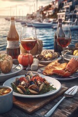 Wall Mural - Delicious Seafood dinner table setting, greek taverna outdoor with sea view, ai generative