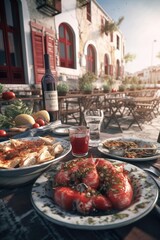 Wall Mural - Delicious Seafood dinner table setting, greek taverna outdoor with sea view, ai generative