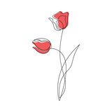 Fototapeta Sypialnia - One line continuous drawing. Red tulip flower icon vector. Contour silhouette isolated. Linear illustration. Floral design, print, beauty branding, card, poster. Minimal contemporary drawing.