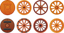 Wooden Wheels. Cartoon Wood Wheel Of Ancient Wagons Or Rustic Wheelbarrows, Vintage Cartwheel With Hub Farm Cart Van Wheeled Vintage Carriage Isolated Ingenious Vector Illustration