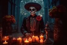 A Man Dressed Up In A Costume Made In The Traditional Mexican Style For The Celebration Of The Mexican Day Of The Dead. Generative AI