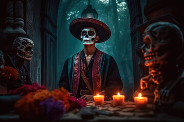 Wall Mural - A man dressed up in a costume made in the traditional Mexican style for the celebration of the Mexican Day of the Dead. Generative AI