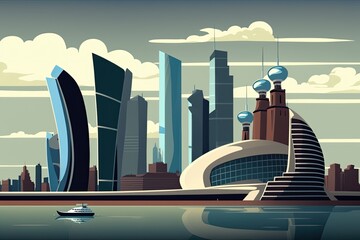 Wall Mural - metropolitan skyline with a boat sailing in the river. Generative AI