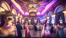 Masquerade Ball People Dancing Dressed Like Princesses And Princes Wearing Masks Fashion Photo Detailed Photo Fine Details Photorealism 8K 