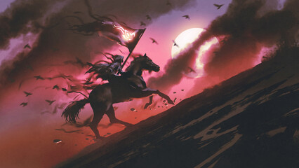 cloaked man rinding a black horse waving a flag with some kind of symbol, digital art style, illustration painting