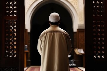 illustration, muslim man praying in the mosque, ai generative