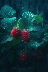 Wall Mural - Wild berries, raspberries with leaves and dew drops. Macro plan. Created by AI.