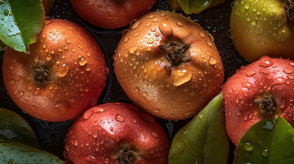 Wall Mural - Ripe quince fruits in drops of water on the leaves. Studio light. Created with AI.