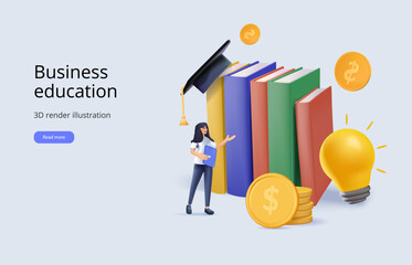 Business education, consulting, college, education app vector illustration. Learning, development, knowledge, skill 3D