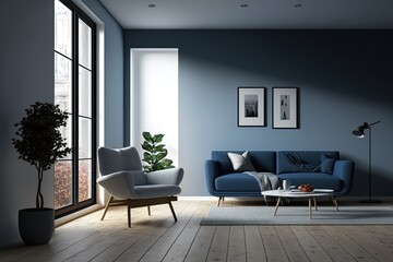 Wall Mural - modern living room with blue walls and a matching blue couch. Generative AI