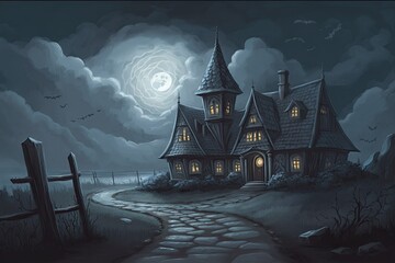 Wall Mural - spooky house under a full moon. Generative AI