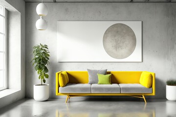 Canvas Print - cozy living room with a modern couch and a vibrant potted plant. Generative AI