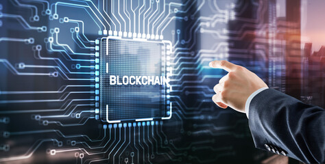 Block Chain concept . Distributed ledger technology. Businessman clicking on virtual screen Block Chain