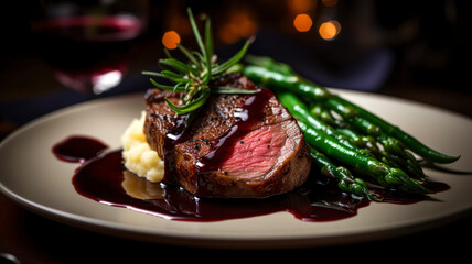 Beautifully plated, fine dining dish featuring a tender, pan-seared duck fillet meat with crispy skin, resting on a bed of creamy mashed potatoes, accompanied by a red wine reduction.