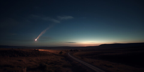 Meteorito entrando en la atmosfera, estrella fugar al atardecer, objeto no identificado en el cielo, basura espacial en el cielo, estela al atardecer, creado con IA generativa