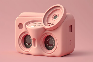 Cámara de fotografía retro futurista aesthetic, cámara de video rosa, viewmaster con visor para diapositivas y fotografías antiguas, creado con IA generativa