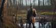 © koldunova - hunter standing in swamp in forest and holding in his hand an old hunting rifle, concept of Wilderness exploration and Traditional hunting, created with Generative AI technology
