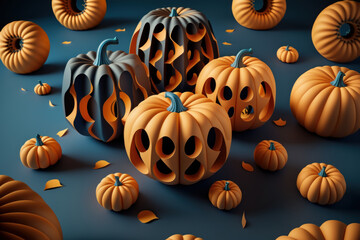 Fondo de halloween con calabazas artisticas, calabazas negras y naranjas decoradas, inspiración creativa original y artística calabazas de otoño, creado con IA generativa