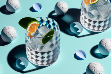 Gin tonic en fondo azul con elementos abstractos, product display bebida alcohólica con fondo aesthetic, invitación a fiesta de cóctel, creada con IA generativa