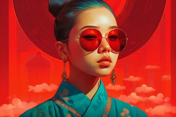 Wall Mural - a girl wearing sunglasses and a shirt, in the style of anime art, social media portraiture. generative AI