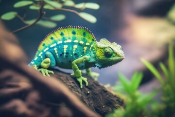 Poster - colorful chameleon perched on a tree branch. Generative AI