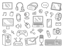 Gadgets Doodle Set. Keyboard, Headphones, Computer Mouse, Watch, Computer In Sketch Style. Hand Drawn Vector Illustration Isolated On White Background