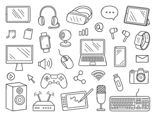 Gadgets doodle set. Keyboard, headphones, computer mouse, watch, computer in sketch style. Hand drawn vector illustration isolated on white background