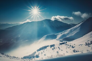 Poster - snow-capped mountain with bright sunlight shining on it. Generative AI