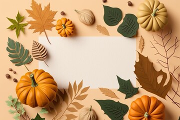 Poster - fall-themed paper board decorated with leaves and acorns. Generative AI