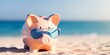 Summer piggy bank wearing sunglasses on the beach, generative ai