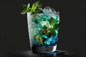 Wall Mural - refreshing summer drink with ice and mint leaves in a clear glass. Generative AI