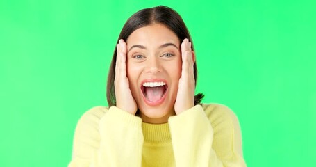 Poster - Wow, surprise and face of woman on green screen for news, announcement and information in studio. Excited, happy and portrait of isolated girl smile with shocked, emoji and omg facial expression