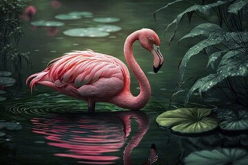 Sticker - pink flamingo standing gracefully in a calm pond of water. Generative AI