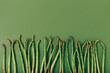 Food background. Fresh green asparagus on green background, top view.