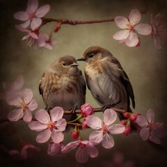 Two loving sparrows are sitting on a branch full of flowers