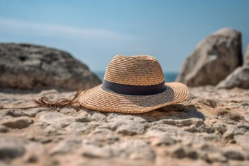 Wall Mural - Beach Landscape A sun hat resting on a rock, ready to provide shade on a hot day, wide brim, woven straw material, decorative ribbon 1 - AI Generative