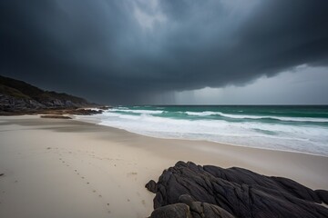 Wall Mural - Beach Landscape A tropical storm approaching the coastline, bringing dark clouds and choppy waves, ominous sky 3- AI Generative