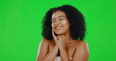 Sticker - Face, green screen and woman with cream, smile and dermatology against a studio background. Female, confident and happy person with lotion, moisturizer and creme with beauty, skincare and cosmetics