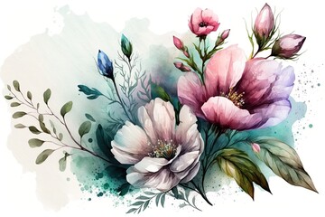 Canvas Print - watercolor painted bouquet of flowers on a white background. Generative AI