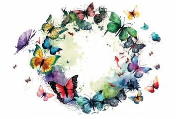 Sticker - watercolor painting featuring a circular arrangement of butterflies on a white background. Generative AI