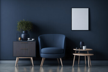 Wall Mural - interior commode with chair and decor, dark blue wall mock up background, 3d rendering, generative a