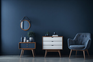 Wall Mural - interior commode with chair and decor, dark blue wall mock up background, 3d rendering, generative a