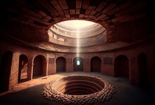 Round Ancient Cistern With Bricks On Walls And Ceiling In Middle Of Desert, Created With Generative Ai
