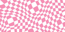 Retro Distorted Checkerboard Background. Pink Trippy Psychedelic Checkered Wallpaper. Wavy Groovy Chessboard Surface. Abstract Twisted Geometric Pattern. Vector Backdrop