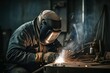 Worker or welder in the metallurgical industry performing welding in his workshop. AI generated, human enhanced.
