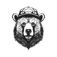 Sticker - bear wearing hat, vintage logo concept black and white color, hand drawn illustration