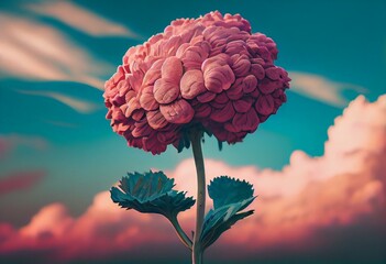 a large pink flower sitting on top of a green plant stem in front of a blue and pink sky with a few clouds in the background. generative ai